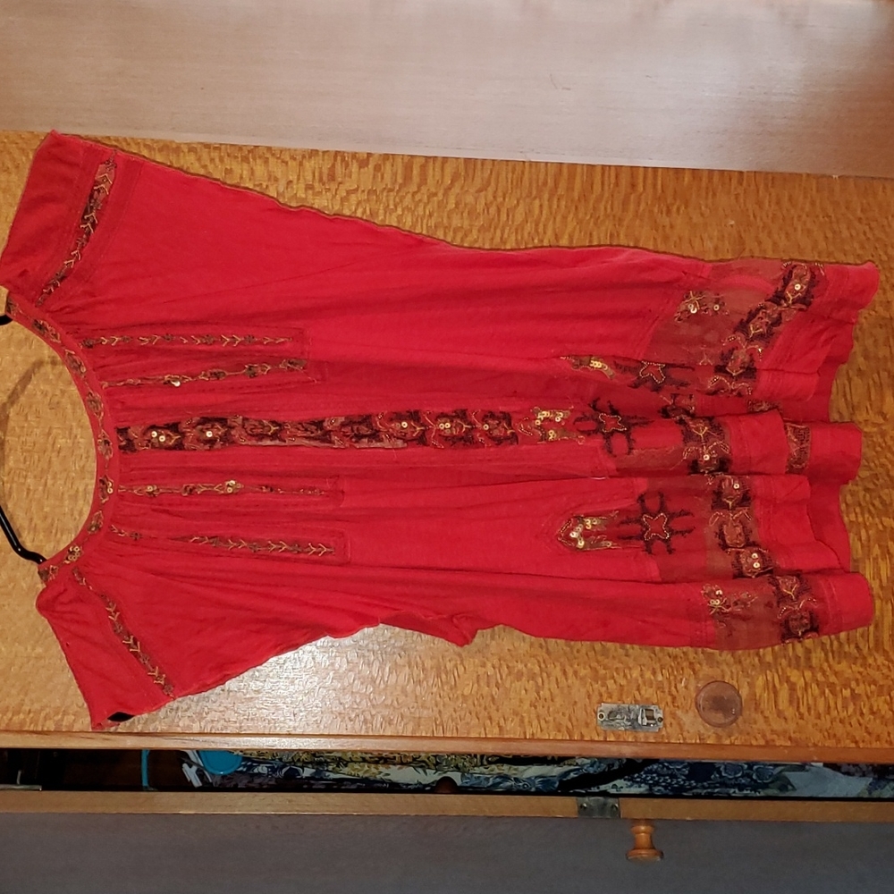 Free Peopke Red Bohemian Embroidered Women’s Tunic Top
